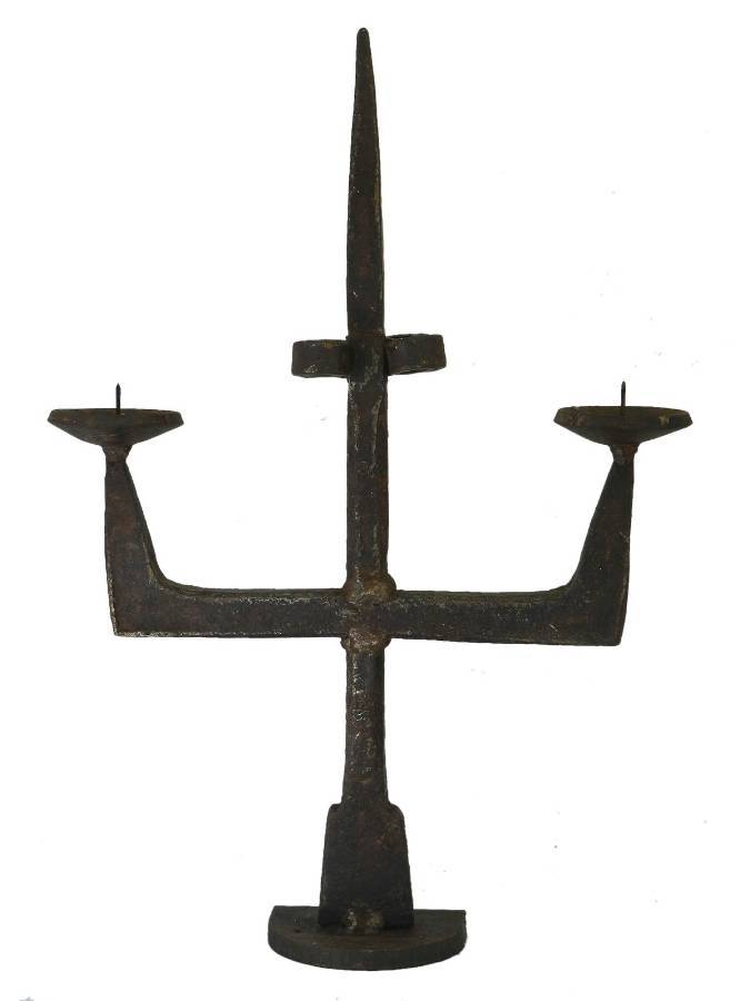 Antique Candlestick Primitive Brutalist Hand Forged Iron French 17th century 