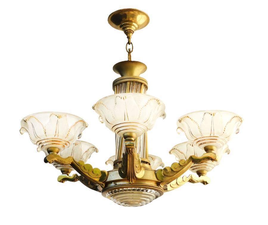 Art Deco Chandelier Glass and Brass c1930 Stunning  