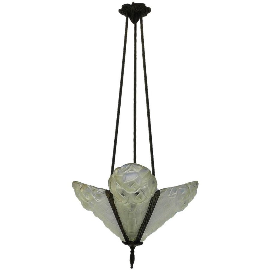 Art Deco Chandelier Signed by Degue French Glass Pendant Light circa 1930