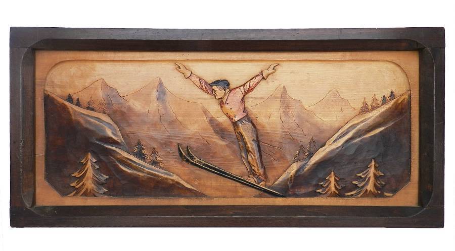 Art Deco Wall Plaque Skier carved wood Basque
