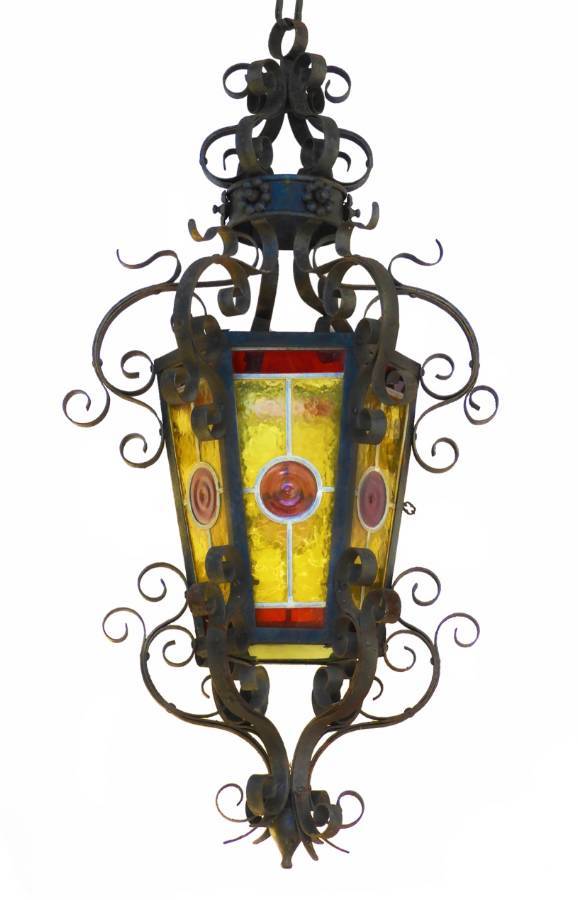 Arts  Crafts French Lantern Gothic Revival Wrought Iron Light circa 1900