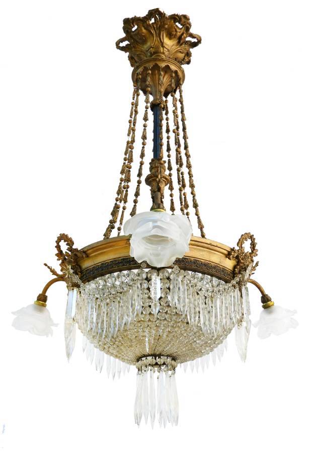 Belle poque Chandelier French Crystal Gilt Bronze Rose Shades Late 19th Century