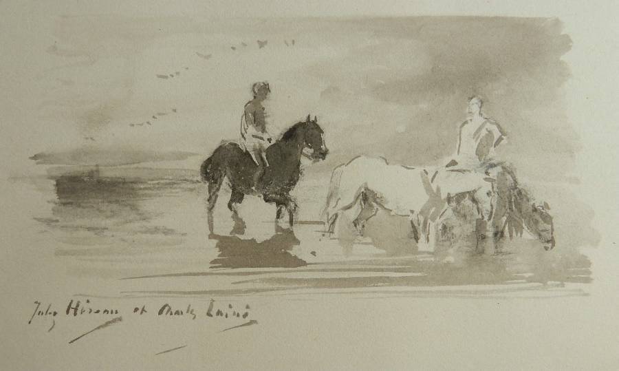 French 19th century Watercolor Sketch by Jules Hereau Study of Horses in Water 