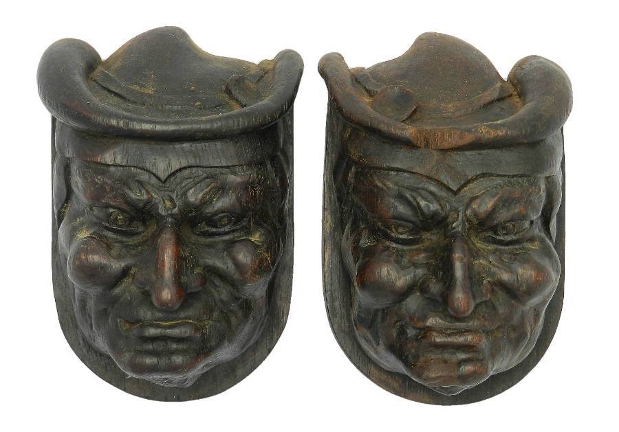 Pair Hand Carved Wood Heads French Gargoyle Antique Sculpture Gothic revival