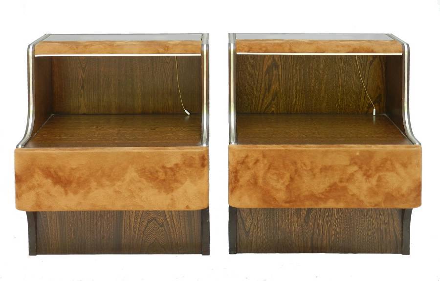 Pair MidCentury Nightstands Side Cabinets Bedside Tables with Lights Suede