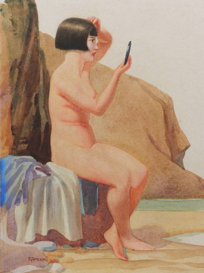 Watercolour painting by Frank Jameson Art Deco Nude St Ives School Cornwall 