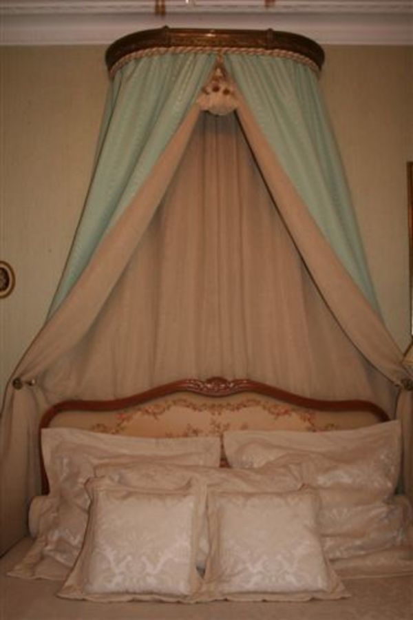 C19 FRENCH REPOUSSE BRONZE CIEL DE LIT BED CANOPY WITH DRAPES  CURTAINS