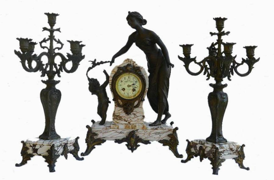 French Art Nouveau Clock Garniture Marble  Bronze Figural Lady with Putti  Candelabra 