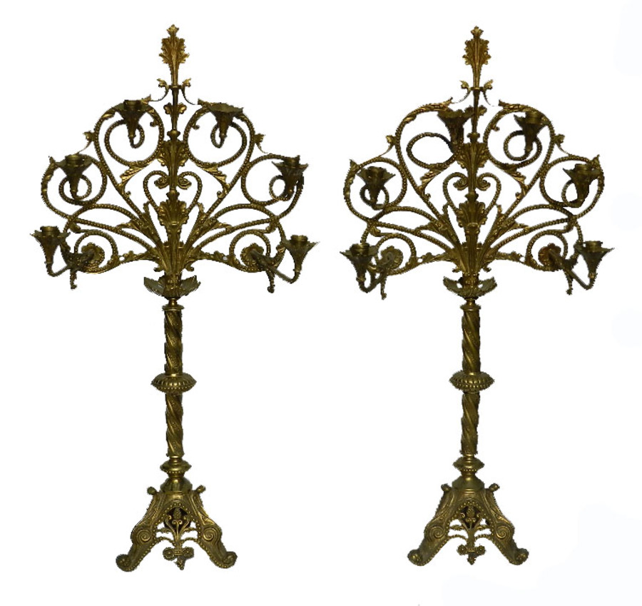 Pair Large French Art Nouveau Gilded Bronze Candelabra Candlesticks       