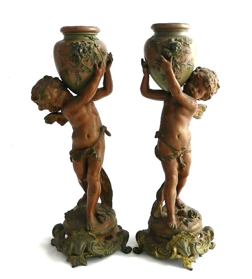 Pair of C19 French Cherub Putti Statuette Candlesticks signed Moreau 