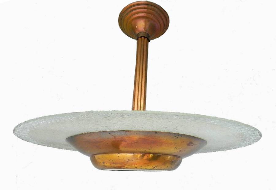 French Art Deco Copper  Glass Ceiling Light Chandelier 
