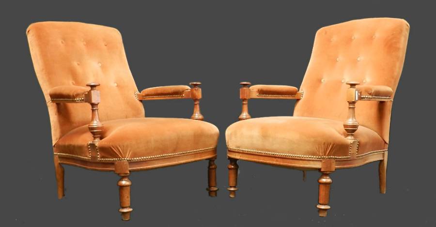 Pair of French Antique Library Chairs C19 Fauteuil Armchairs