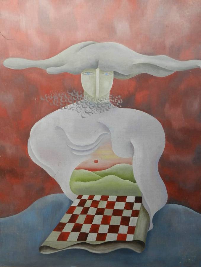 Oil Painting Le Damier Rouge  Surrealist on board