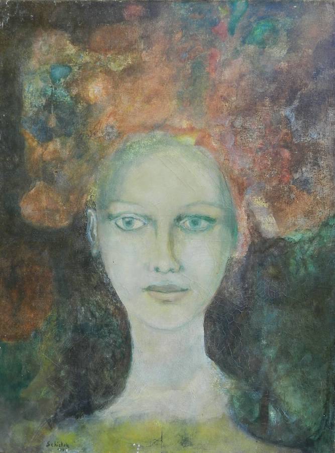 Oil on Canvas Painting of a young Woman signed Schikele 42  