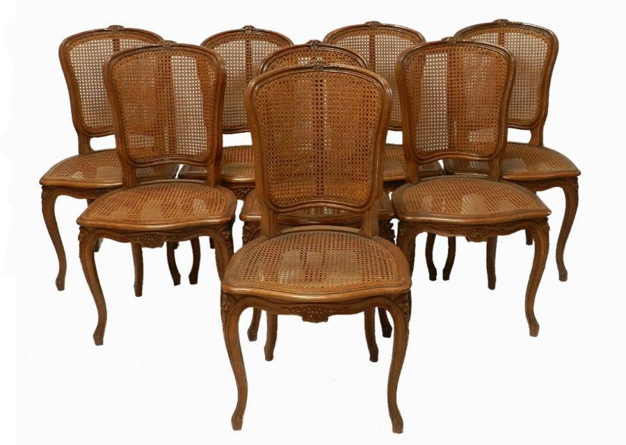 Good Set of 8 early C20th Louis French Dining Chairs Bergere Caned Oak