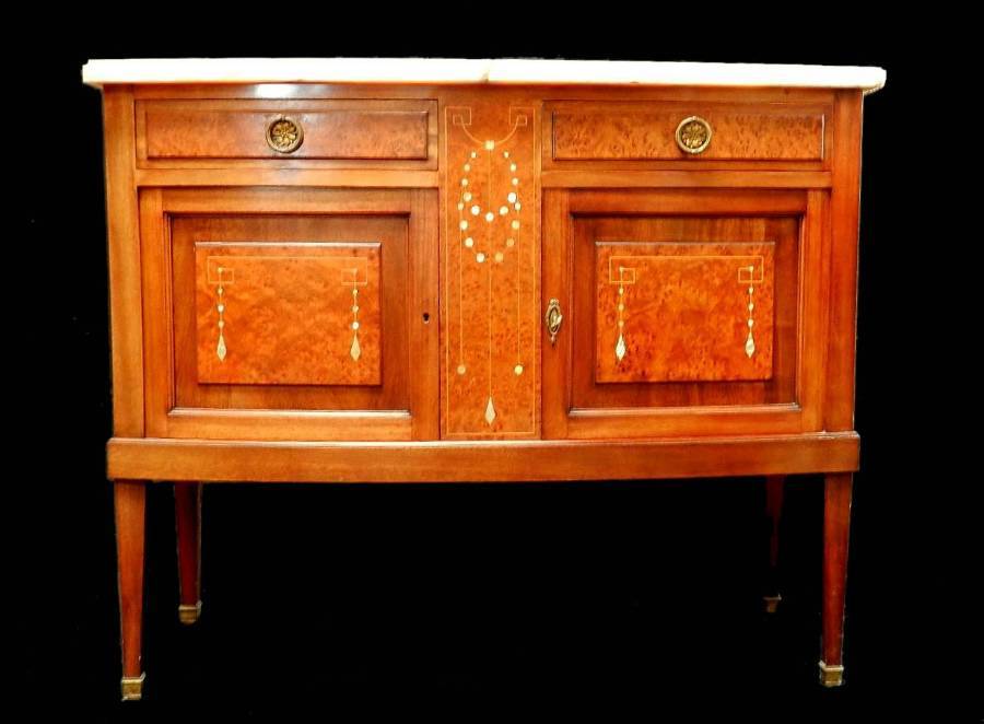 c1920 French Sideboard Chiffonier Side Cabinet Marble Top Inlaid MoP