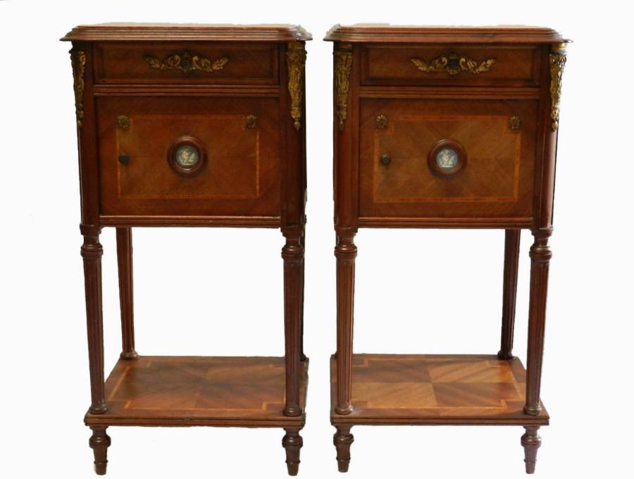 C19 Pair of French Side Cabinets Bedside Tables with Limoges plaques and Ormolu