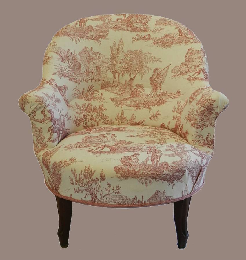 C19 French Louis Armchair Fauteuil Linen Toile de Jouy recently reupholstered Slipper Chair