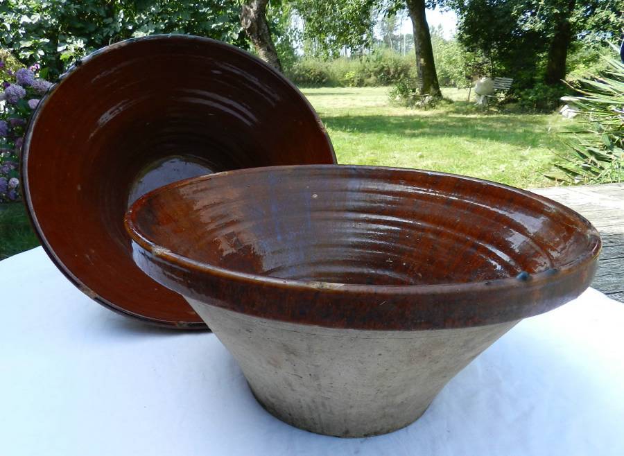 C19 French Pair of Tian Bowls Stoneware Terracotta Confit Farmhouse Kitchen 