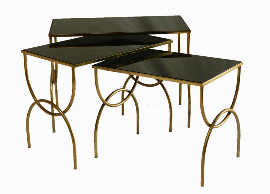 French Nest of  Tables Black Opaque Glass and Metal 