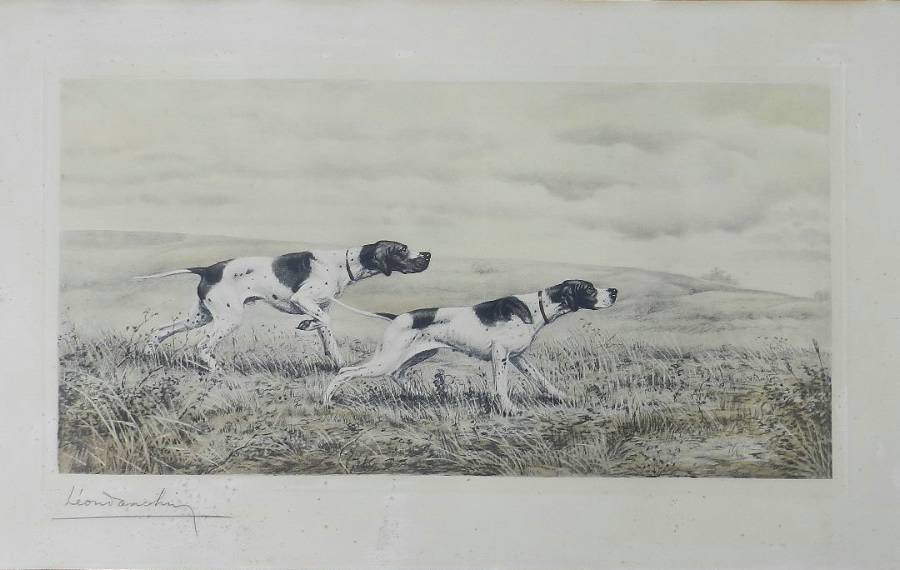 Original Leon Danchin Signed Print Pair of Sporting Dogs Pointers 