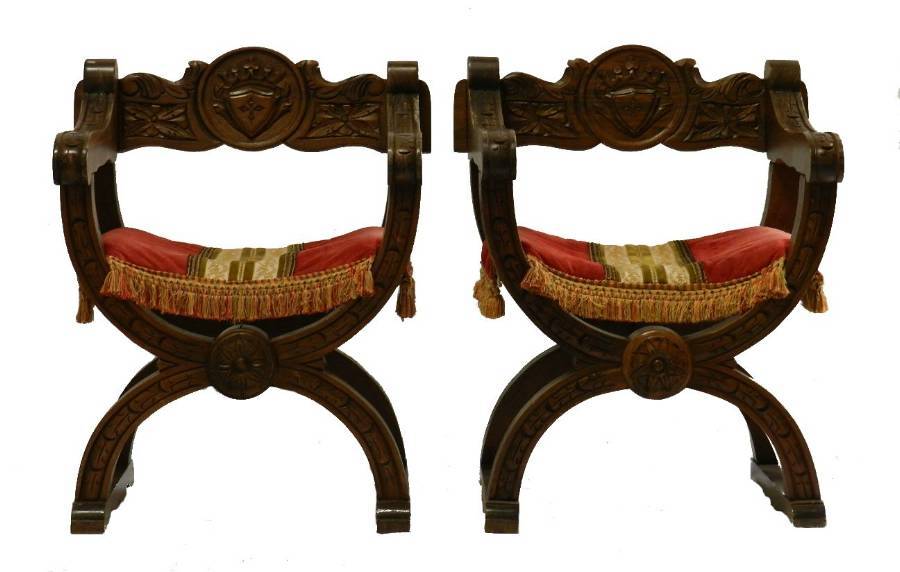 Pair of French Savonarola Chairs carved oak Armchairs