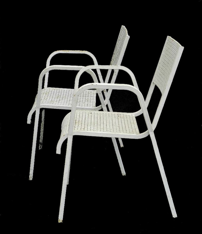 Pair of Mid Century French Metal Garden Chairs Armchairs Fauteuil