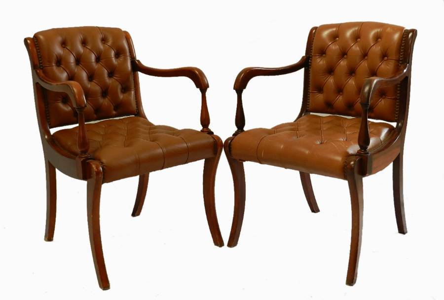 Pair Vintage French Leather Button Back Chairs Desk Armchairs