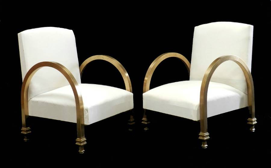 Unusual Art Deco Pair of Armchairs Brass newly upholstered ready for top covers