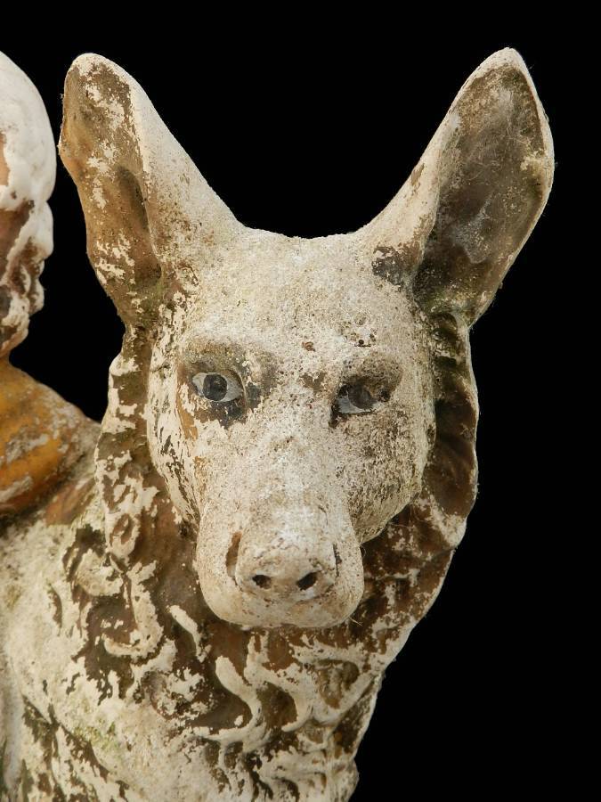 Antique Good Companions Girl her Dog weathered Plaster Statue