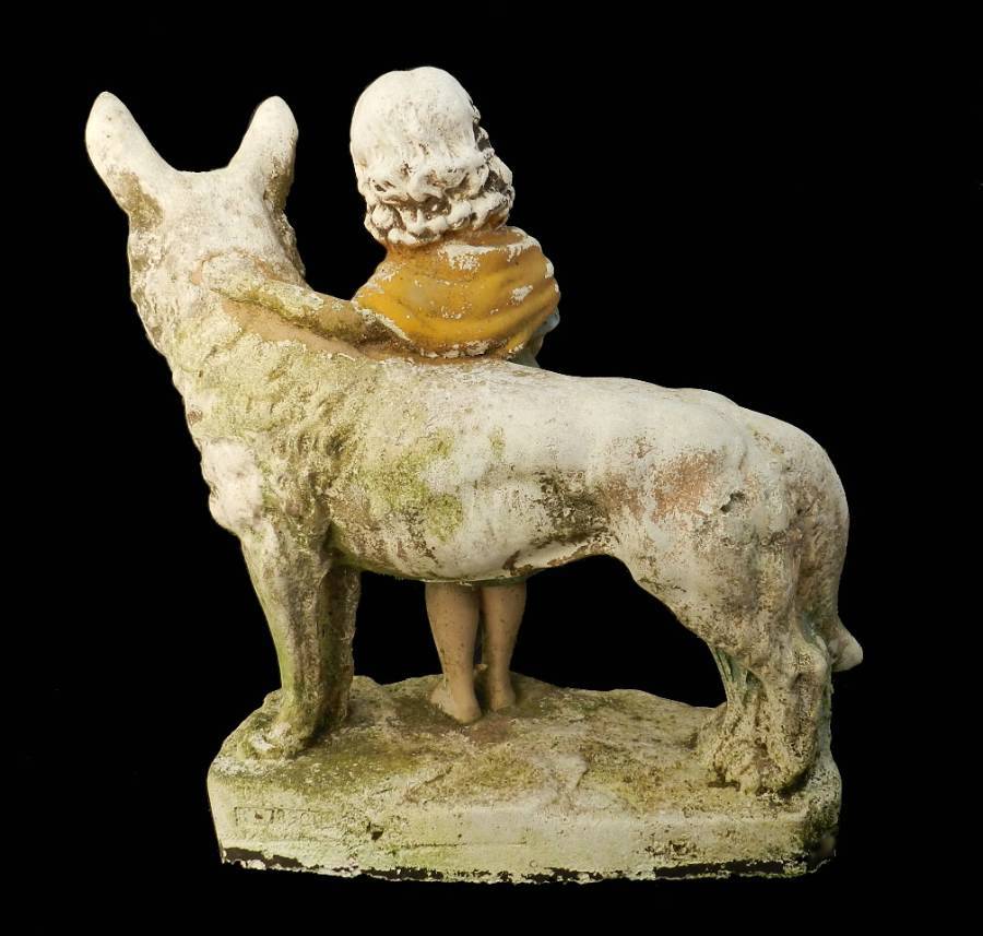 Antique Good Companions Girl her Dog weathered Plaster Statue