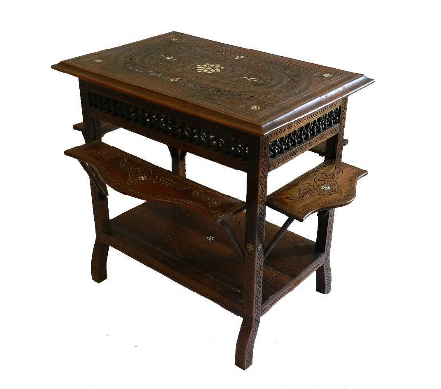 Unusual C19 Moorish Islamic Table Side or Tea fold out shelves 