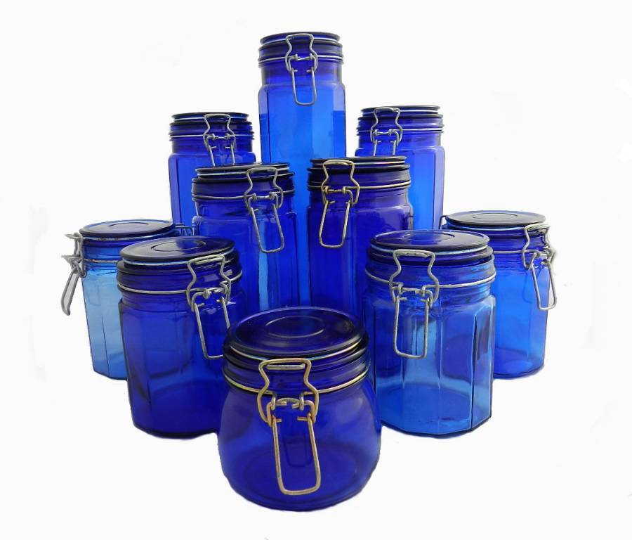 10 vintage French Cobalt Blue Glass Storage Jars