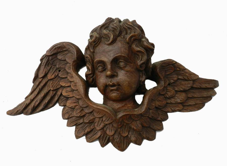 C19 French Carved Oak Angel Cherub Head with Wings