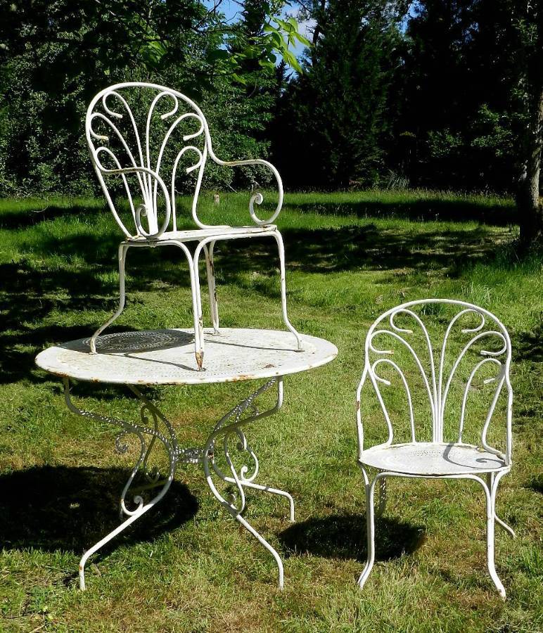 French Garden Table  2 Chairs Painted Iron early C20