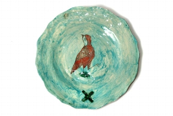 Turquoise Plate with Quail  Fly