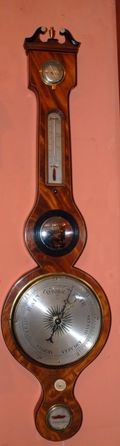 19th Century mercury barometer with alcohol thermometer and flame mahogany case.