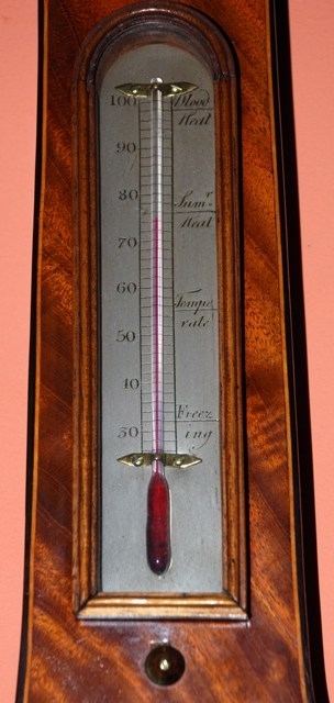 Antique 19th Century mercury barometer with alcohol thermometer and flame mahogany case.