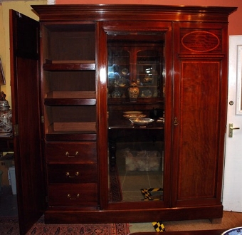 Antique Maples Edwardian mahogany & inlaid triple wardrobe 