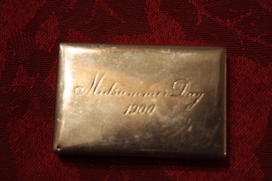 Silver plate pill/stamp box Midsummers Day 1900