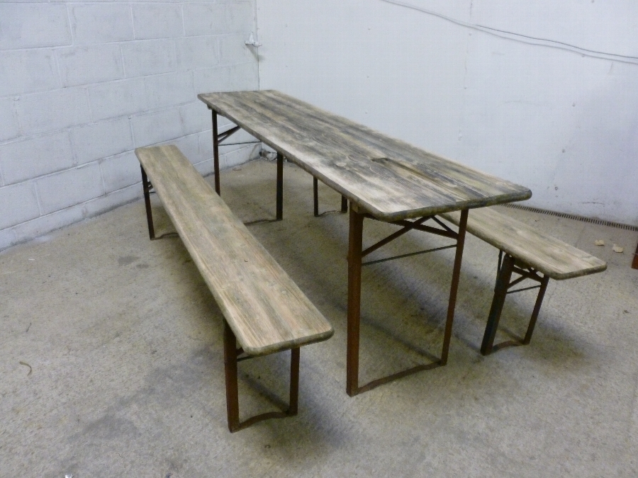 ANTIQUE VINTAGE INDUSTRIAL WOOD AND METAL GERMAN BEER HALL TABLE WITH MATCHING BENCHES c1900
