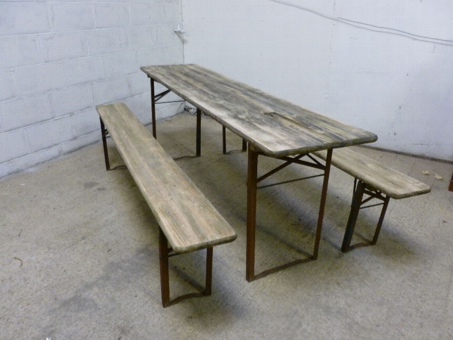 Antique ANTIQUE VINTAGE INDUSTRIAL WOOD AND METAL GERMAN BEER HALL TABLE WITH MATCHING BENCHES