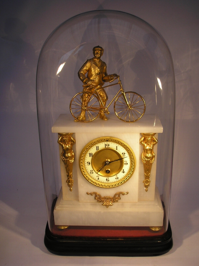 Alabaster Mantel Clock with Cyclist Under Dome
