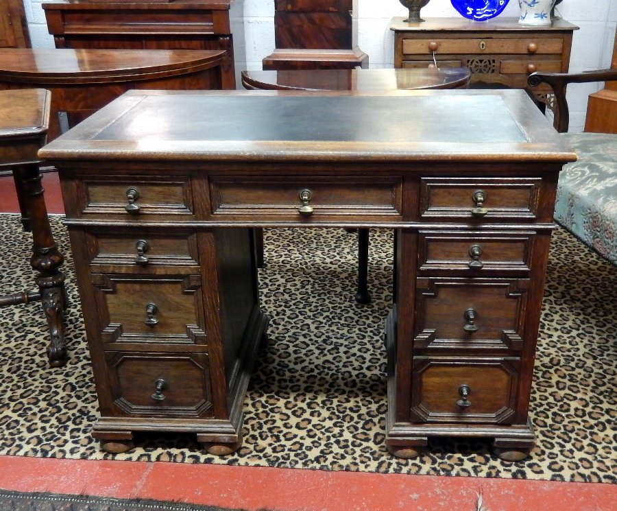 Edwardian Oak Pedestal Desk, Geometric Design