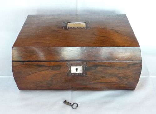 Regency Period Rosewood Sewing Box with Abalone Cartouche and Escutcheon.
