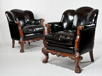 Antique Quality Pair of Walnut Leather Armchairs