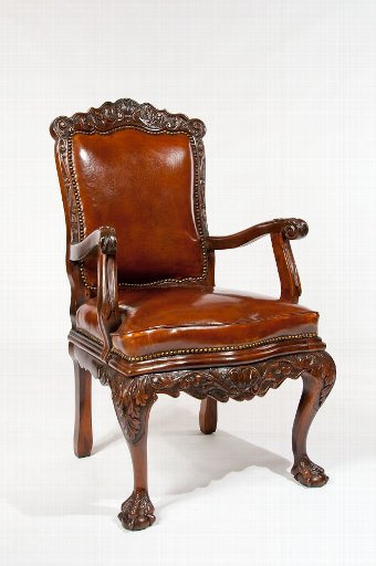 19th Century Walnut Carved Leather Armchair