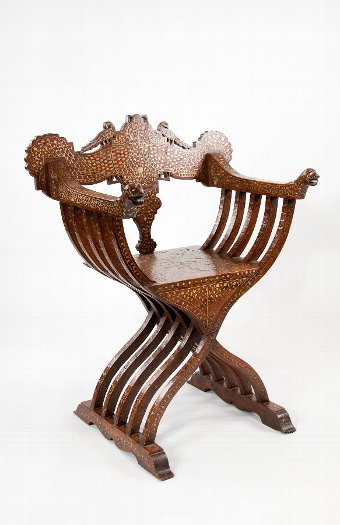 Antique An Indian Brass Inlaid X Frame Chair