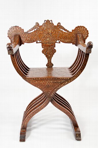 Antique An Indian Brass Inlaid X Frame Chair
