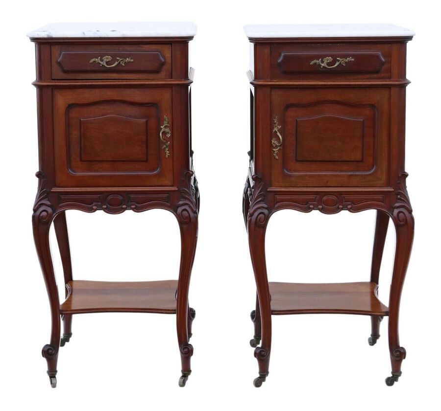 Antique Antique fine quality pair of French bedside tables cupboards marble tops C1920